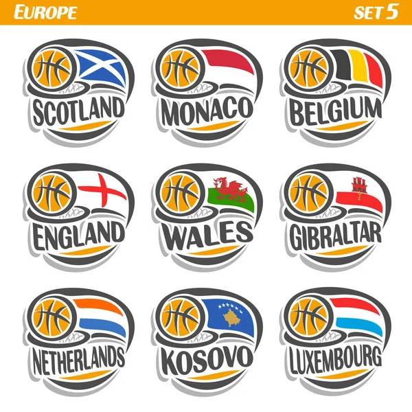 Conjunto de vetores Bandeiras de países europeus com bola de basquete — Vetor de Stock