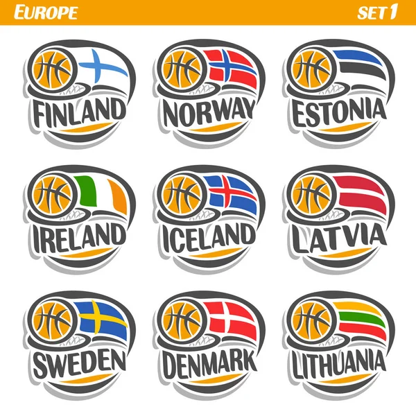 Vector set Flags of European Countries with Basketball Ball — Stock Vector