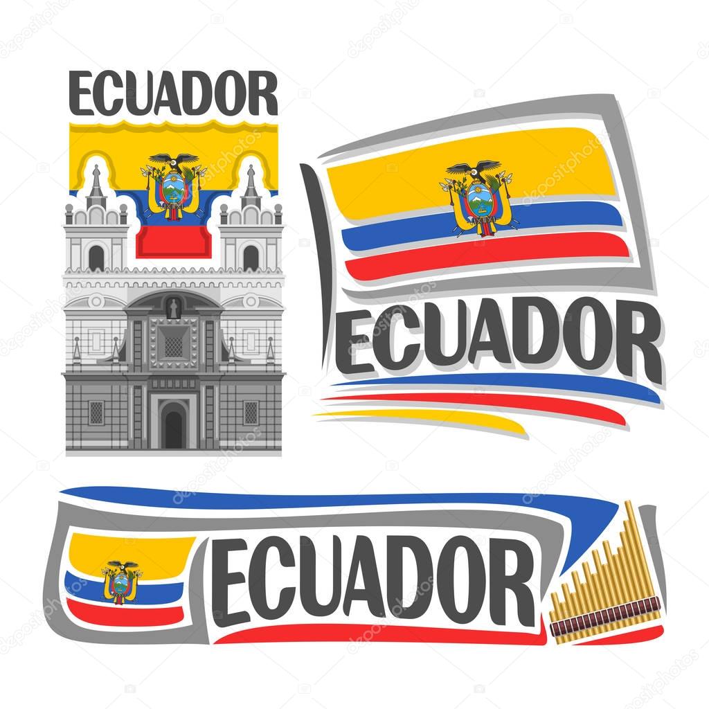 Vector logo Ecuador, isolated images: church St. Francis in Quito on national state Ecuadorian Flag, architecture symbol of ecuadorian republic, simple flag ecuador near rondador for independence day.