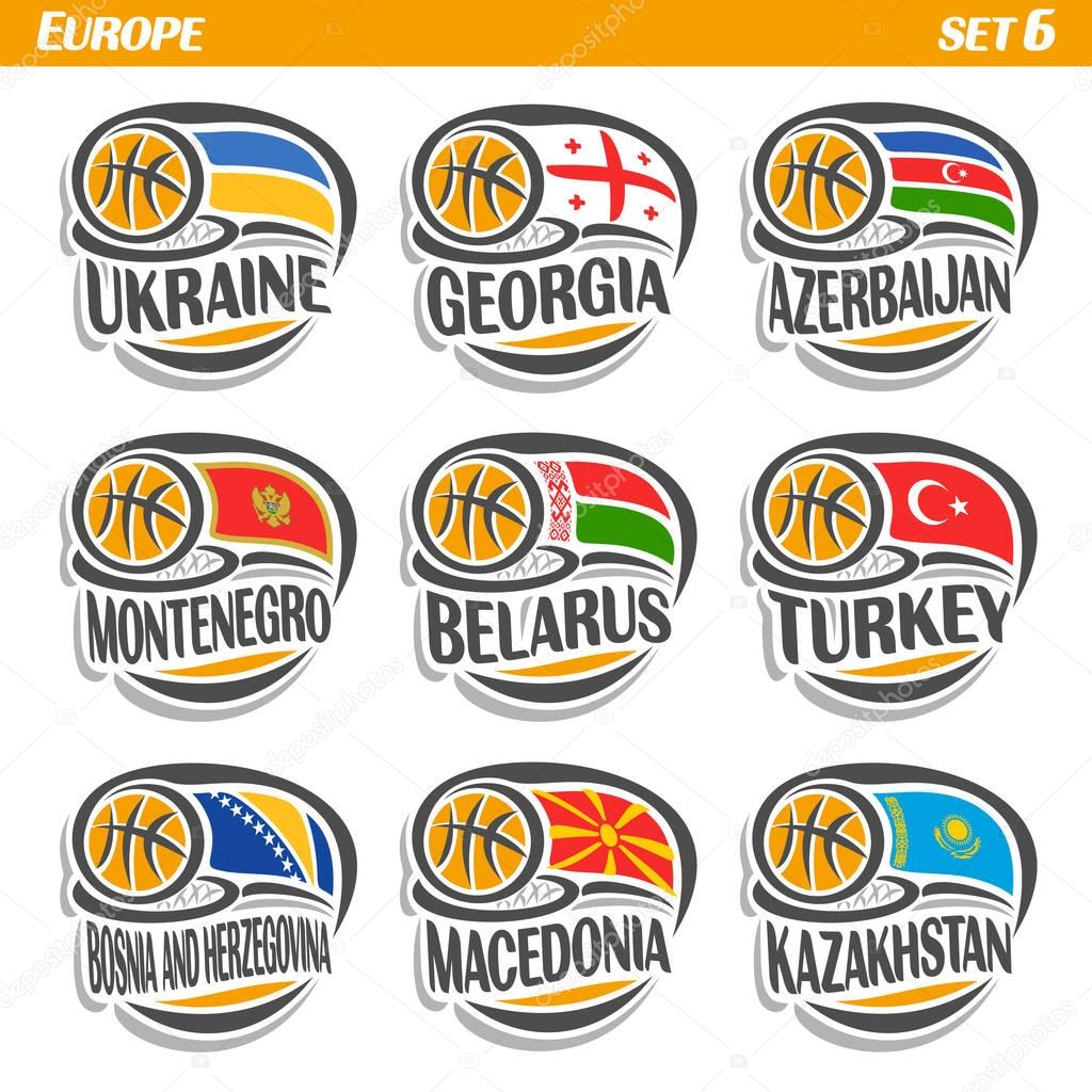 Vector set Flags of European Countries with Basketball Ball: Logo national basketball Teams, Sport group countries of Europe, icons european flag fiba team with orange ball, logo sport flags of europe