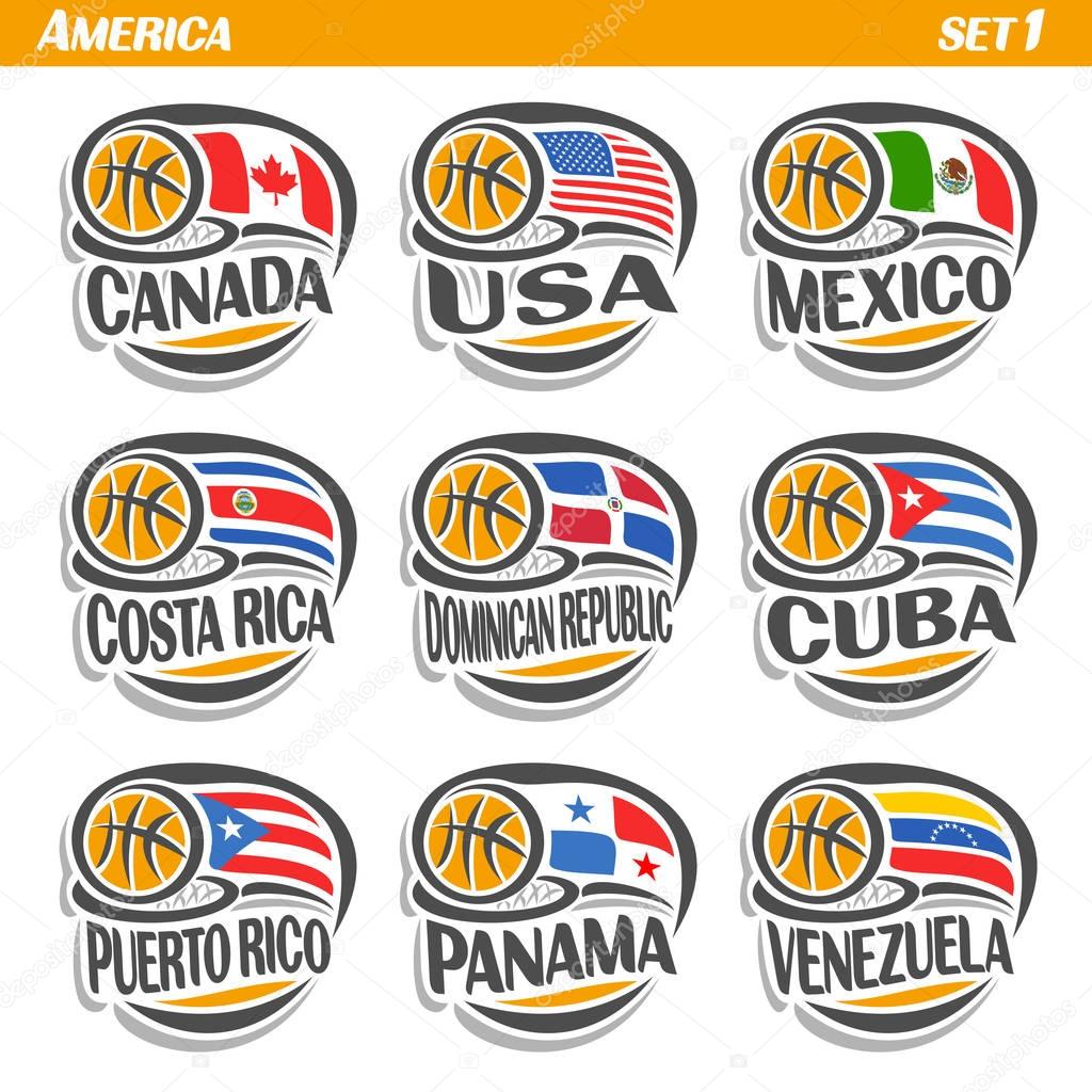 Vector set Flags of American Countries with Basketball Ball: Logo national basketball Teams, Sport group countries of America, icons american flag fiba team with orange ball, logo sport flags america.