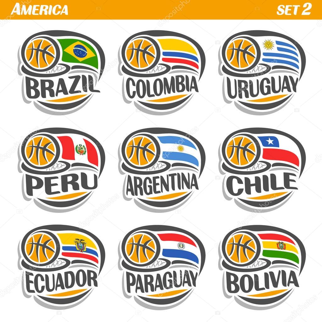 Vector set Flags of American Countries with Basketball Ball: Logo national basketball Teams, Sport group countries of America, icons american flag fiba team with orange ball, logo sport flags america.