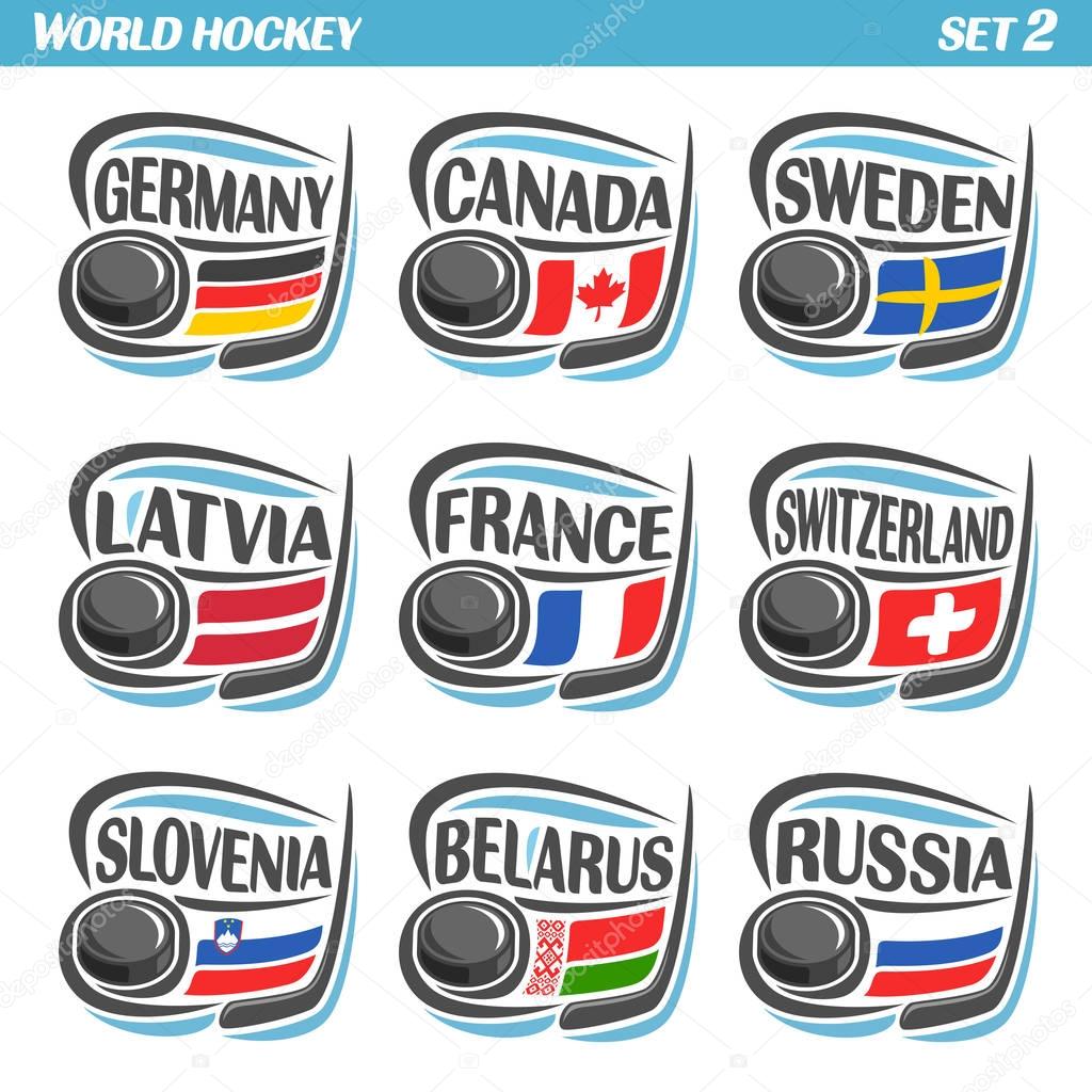 Vector set Flags of European Countries with Ice Hockey Puck: Logo national ice hockey Teams, Sport group countries of Europe, icons european flag, IIHF world team with puck, logo sport flags of europe