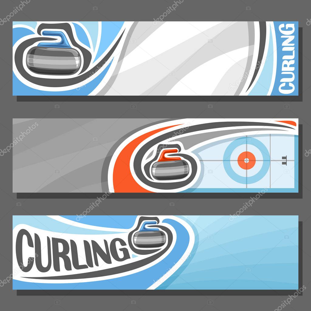 Vector horizontal Banners for Curling: 3 cartoon covers for title text on curling theme, on ice rink granite stone, rock sliding in target, abstract headers banner for inscription on gray background.