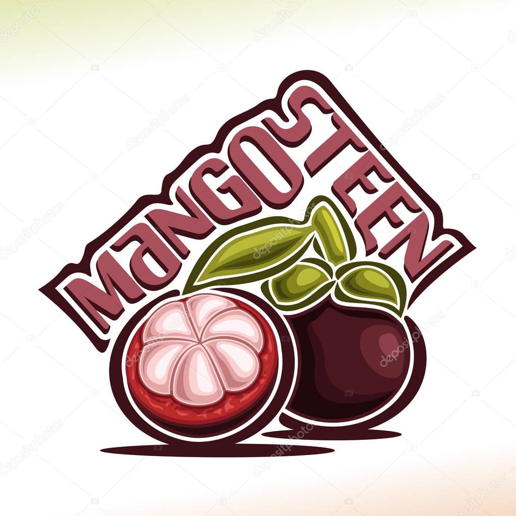 Vector logo Mangosteen Fruit: still life of 2 whole and cut mangosteen with green leaf, fresh purple exotic fruit, abstract cartoon icon garcinia mangostana with title text for label isolated on white