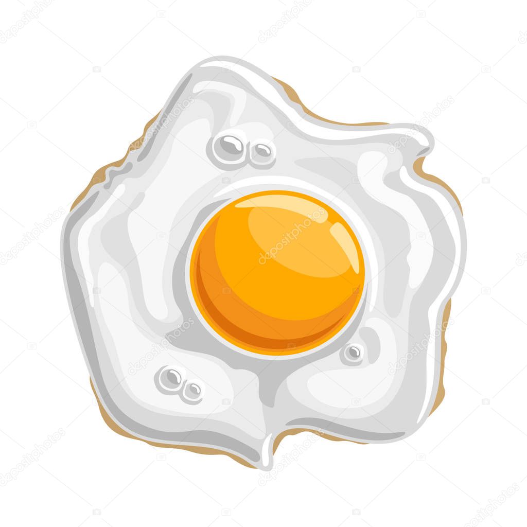 Vector illustration Fried shiny chicken Egg: isolated cooked white protein with 1 yellow yolk-sunny side, logo cartoon cooking fried egg-top view, abstract clip art of traditional crispy fry breakfast