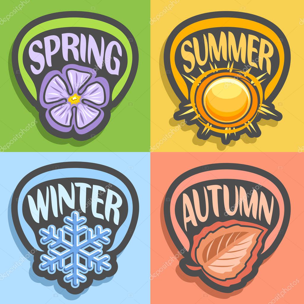 Vector logo Four Seasons: spring - flower on green, summer - hot sun on yellow, autumn - fall leaf on red, winter - cold snowflake on blue, abstract icons all 4 seasons on backgrounds pastel colors.