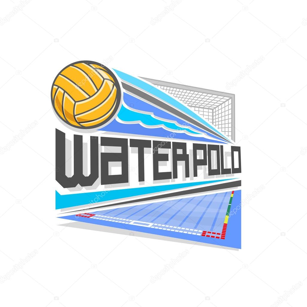 Vector logo for Water Polo game: thrown yellow waterpolo ball flying on trajectory in goal gate with net, above blue swimming pool, abstract icon for water polo sports team with inscription title text