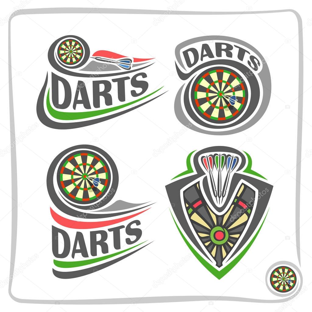 Vector set icons for Darts game: thrown arrow in bullseye of dartboard, 4 abstract clip art logo with title text - darts, graphic image of sports emblem shield on dart board theme, isolated on white.