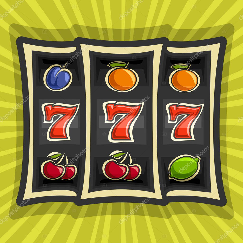 Vector poster for Slot Machine theme: gambling logo for online casino on background of rays of light, gamble game icon with jackpot bonus win - 777, on reel of slot machine classic fruit lucky symbols