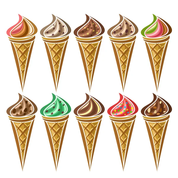 Conjunto vectorial de helado en cono de gofre — Vector de stock