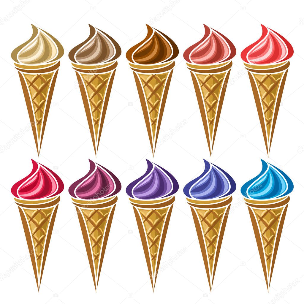 Vector set of Ice Cream in waffle Cone: 10 wafer cones with different flavor ice cream isolated on white background, soft mixed gelato ice cream served of swirl cone, chocolate yogurt creamy dessert.