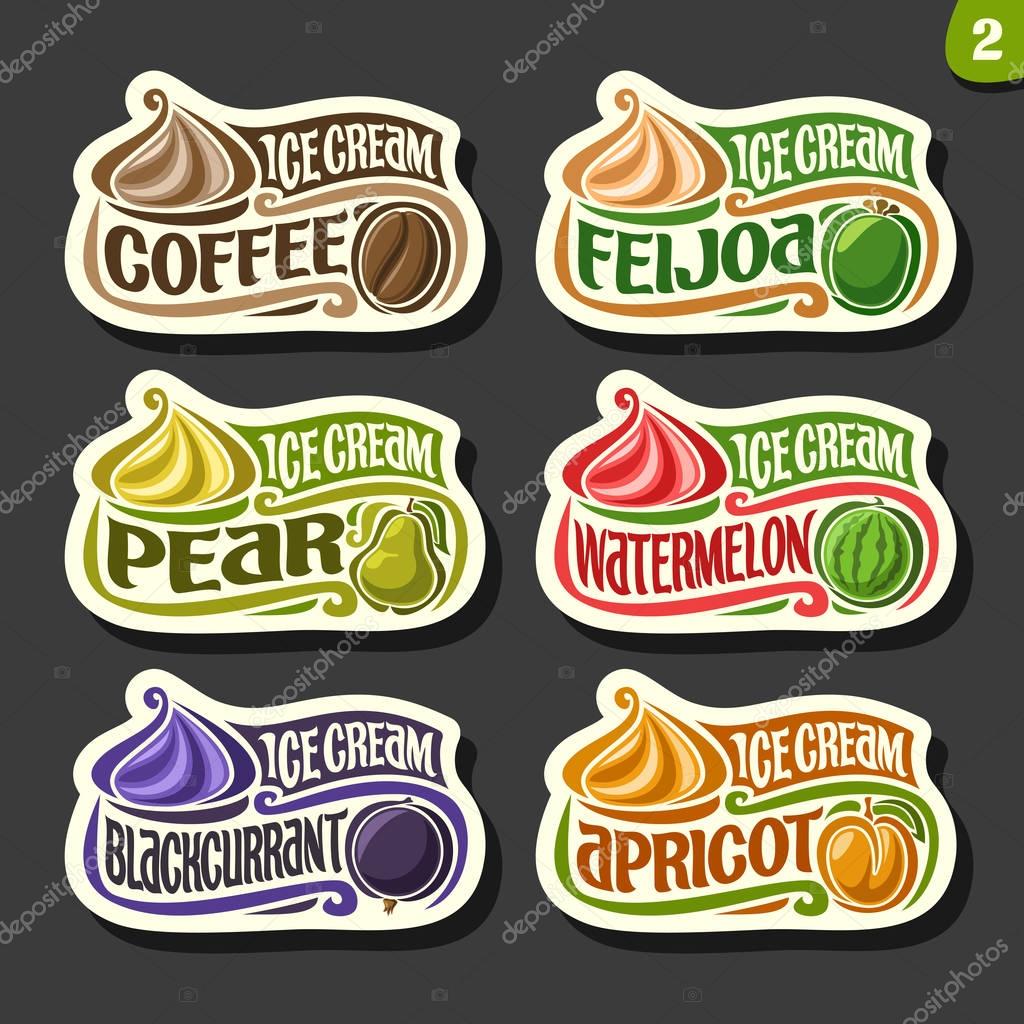 Vector set of fruit Ice Cream labels: 6 logos of different flavor italian icecream dessert, six art icons with title - ice cream, on black background, soft mixed gelato ice cream served of swirl cone.