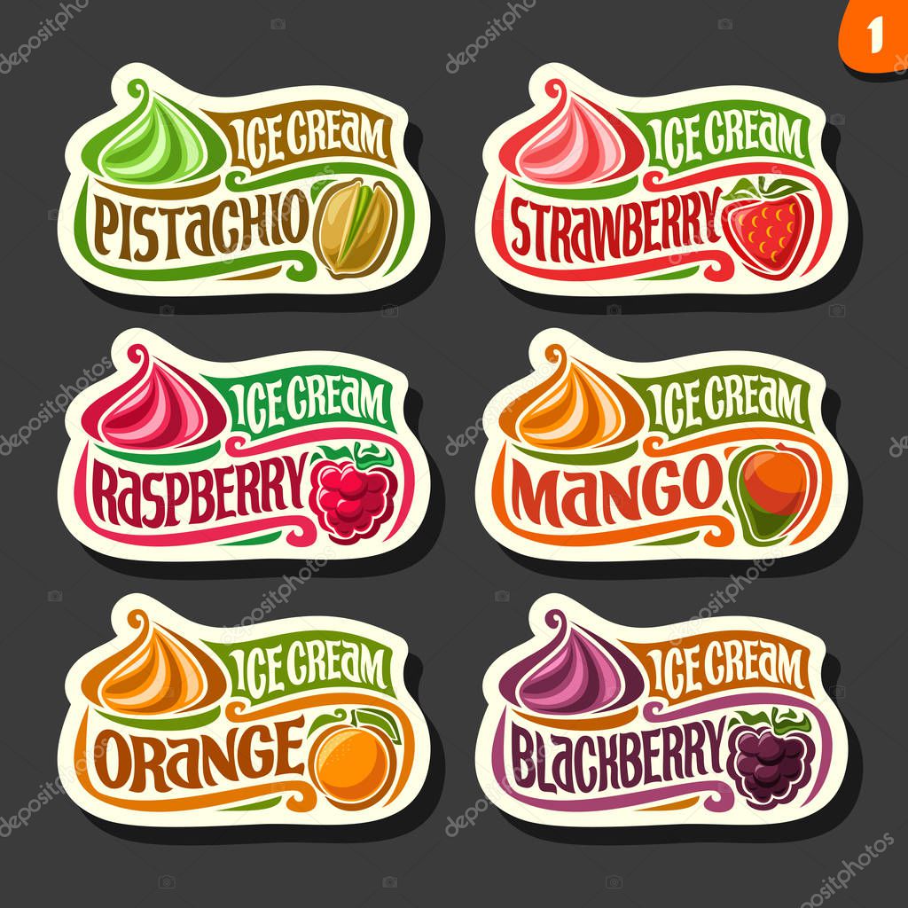 Vector set of fruit Ice Cream labels: 6 logos of different flavor italian icecream dessert, six art icons with title - ice cream, on black background, soft mixed gelato ice cream served of swirl cone.