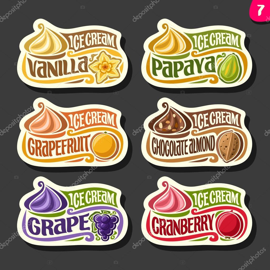 Vector set of fruit Ice Cream labels: 6 logos of different flavor italian icecream dessert, six art icons with title - ice cream, on black background, soft mixed gelato ice cream served of swirl cone.