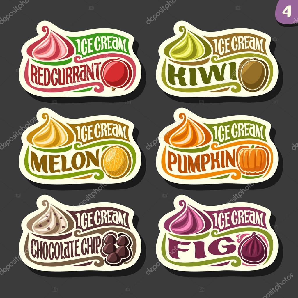 Vector set of fruit Ice Cream labels: 6 logos of different flavor italian icecream dessert, six art icons with title - ice cream, on black background, soft mixed gelato ice cream served of swirl cone.