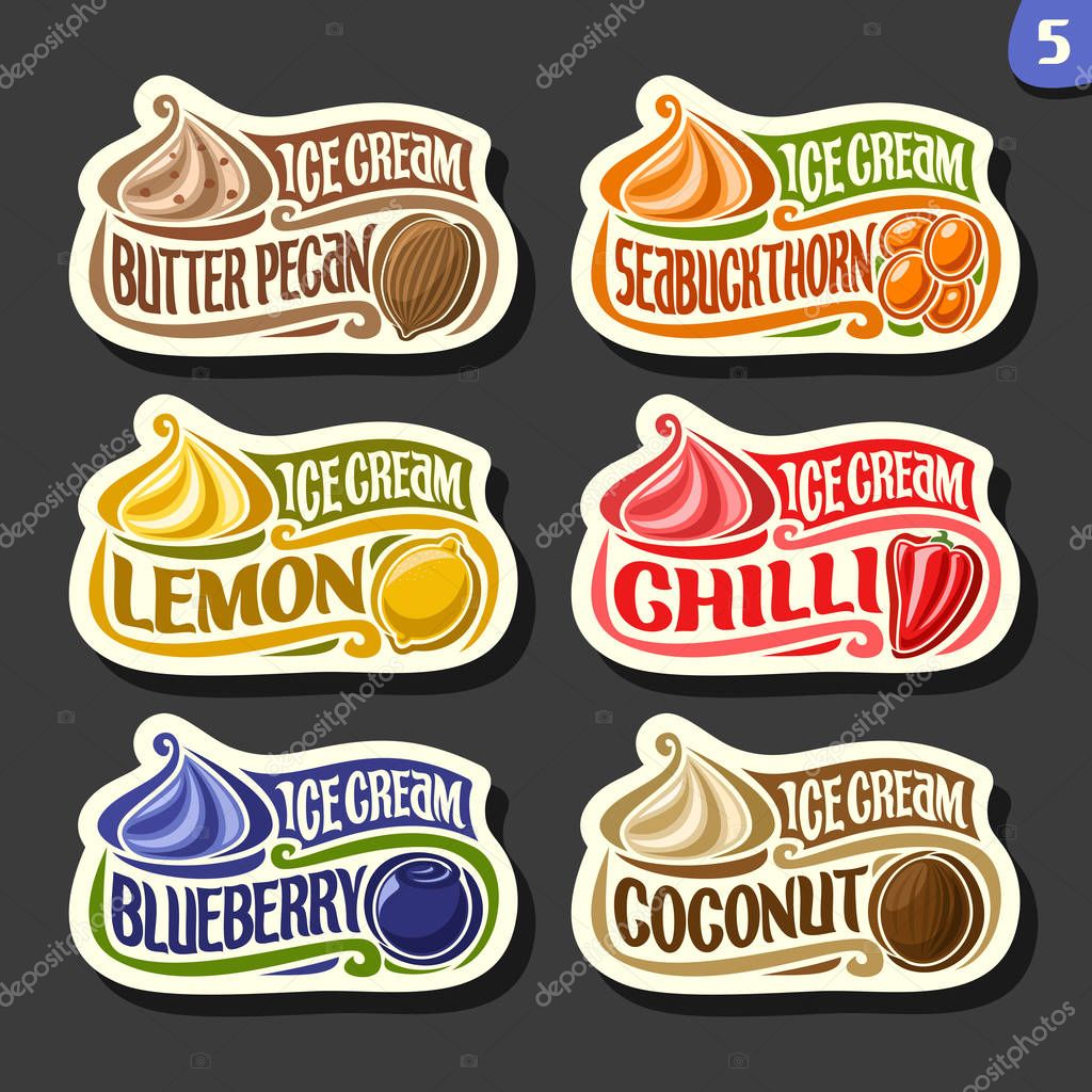 Vector set of fruit Ice Cream labels: 6 logos of different flavor italian icecream dessert, six art icons with title - ice cream, on black background, soft mixed gelato ice cream served of swirl cone.