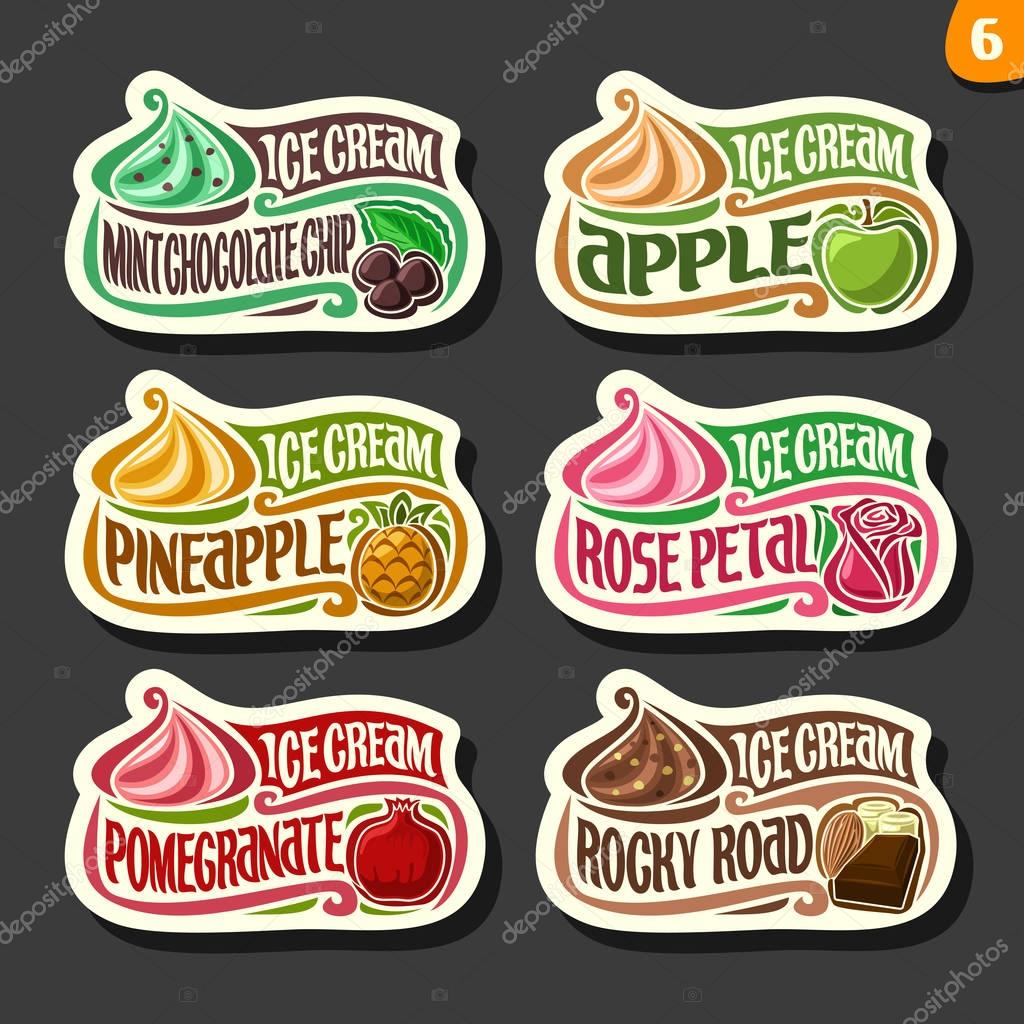 Vector set of fruit Ice Cream labels: 6 logos of different flavor italian icecream dessert, six art icons with title - ice cream, on black background, soft mixed gelato ice cream served of swirl cone.