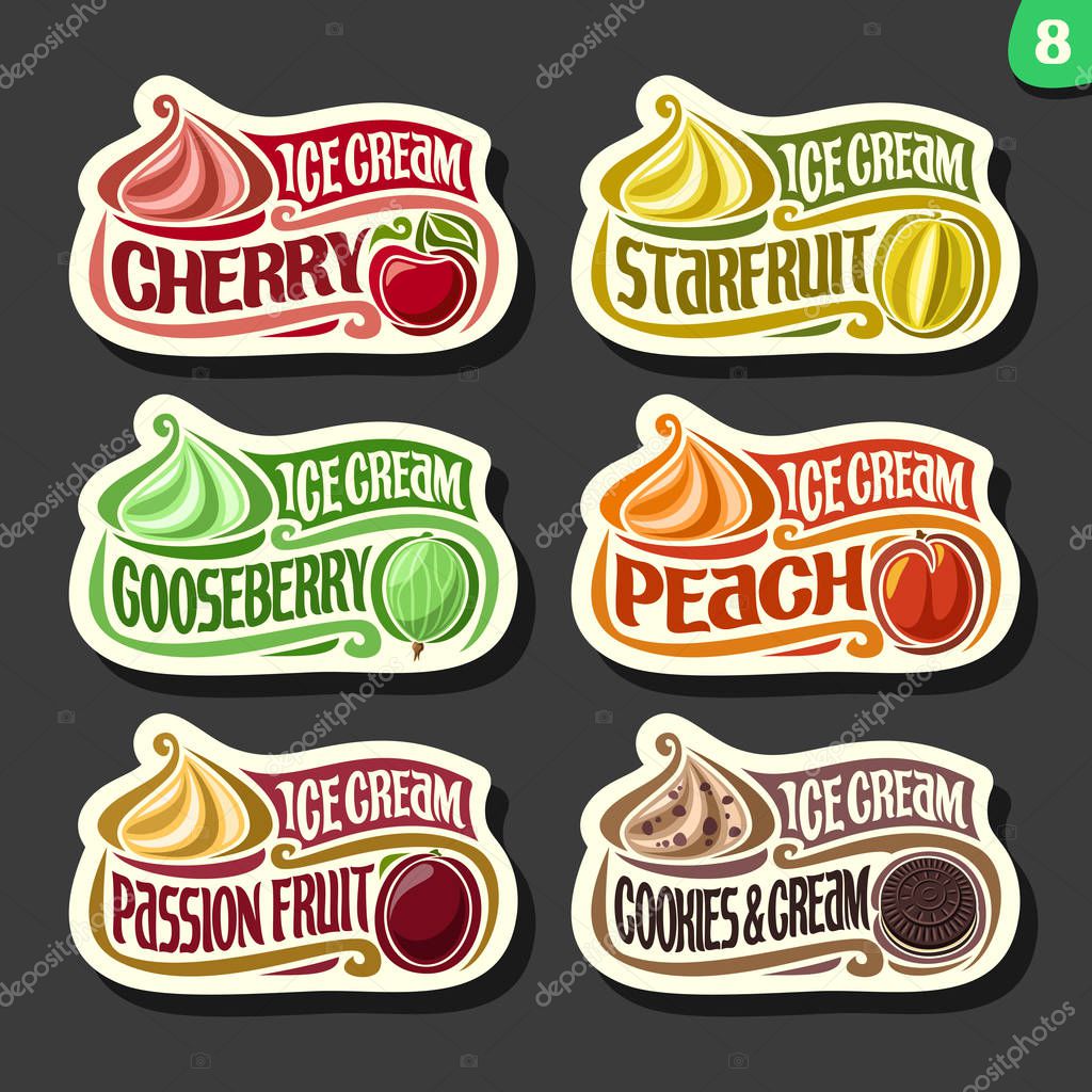 Vector set of fruit Ice Cream labels: 6 logos of different flavor italian icecream dessert, six art icons with title - ice cream, on black background, soft mixed gelato ice cream served of swirl cone.