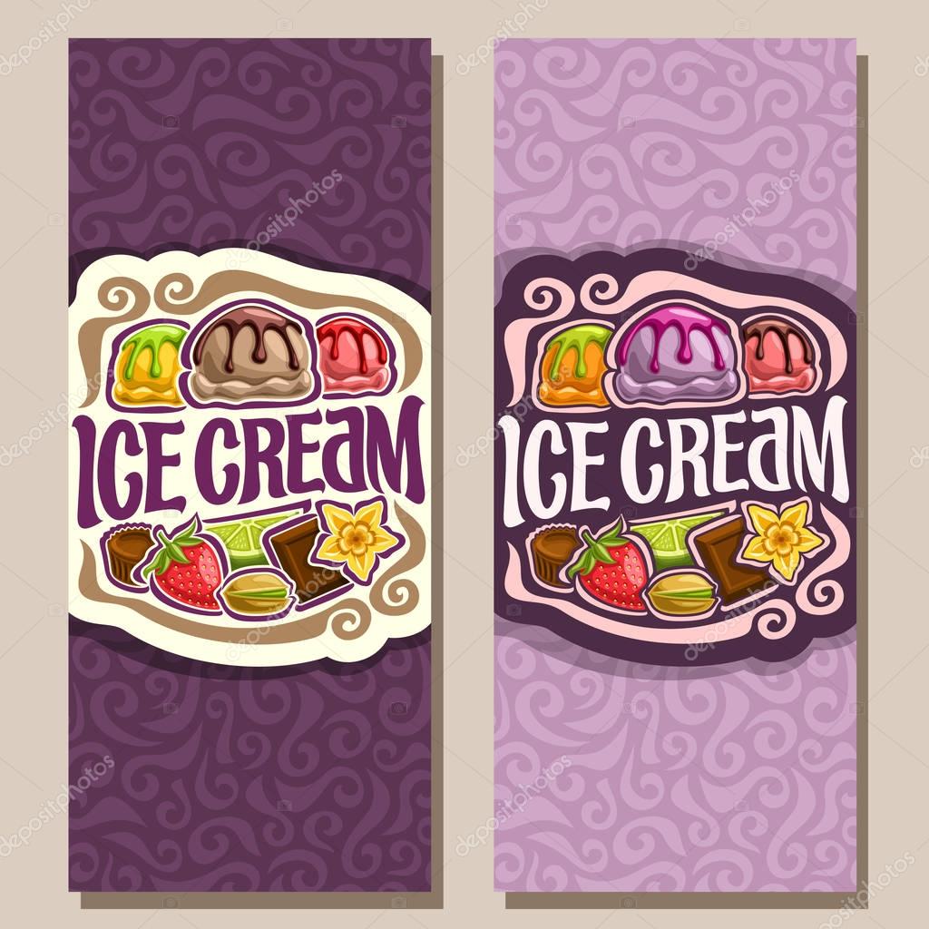 Vector vertical banners for Ice Cream: 2 template leaflet with purple abstract background, vintage presentation brochure for ice cream cafe, scoop balls fruit ice cream topping lime & chocolate sauce.