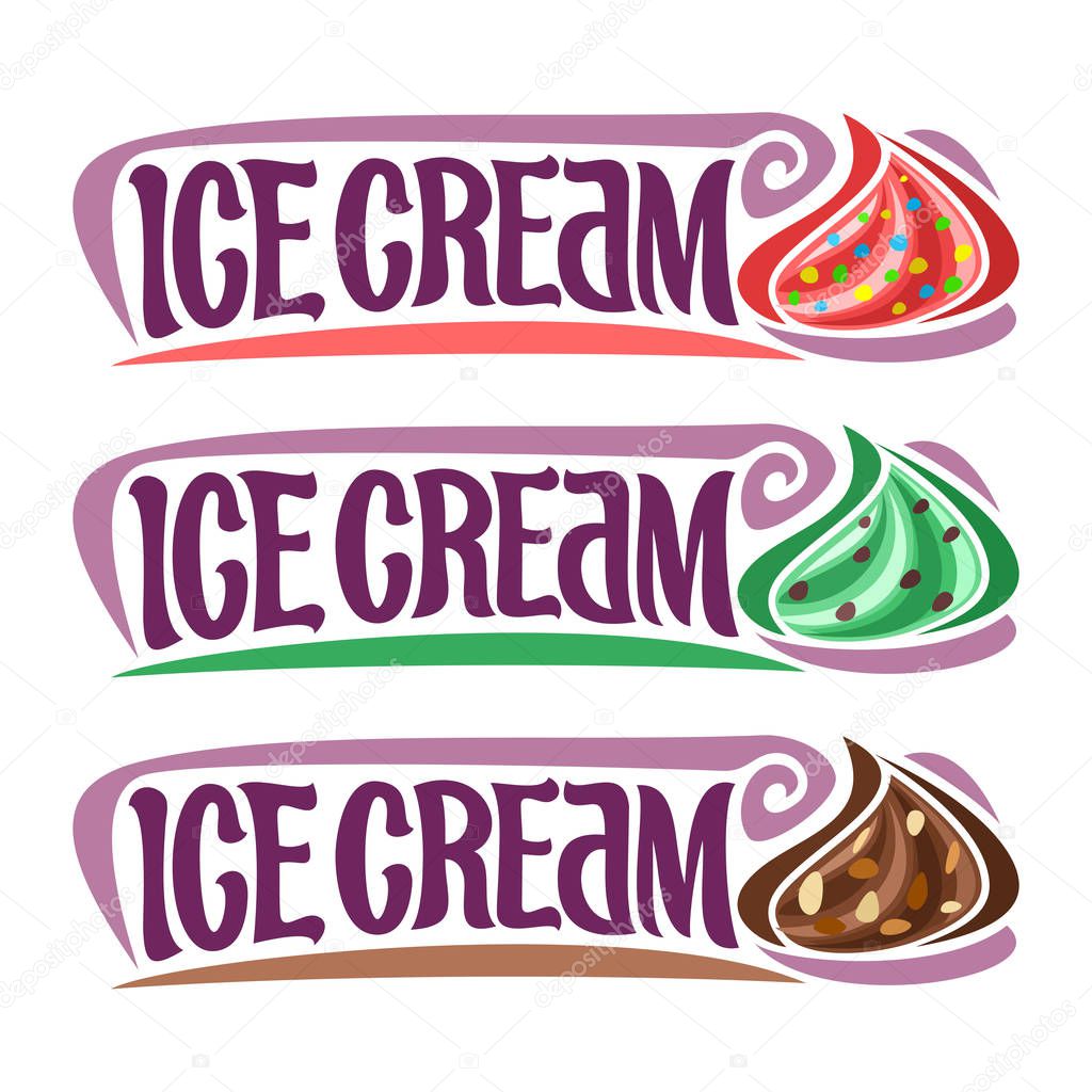 Vector set labels for Ice Cream: 3 vintage stickers for red gelato with sprinkles, green mint chocolate chip, rocky road soft serve ice cream, lettering text - ice cream for frozen whipped dessert.