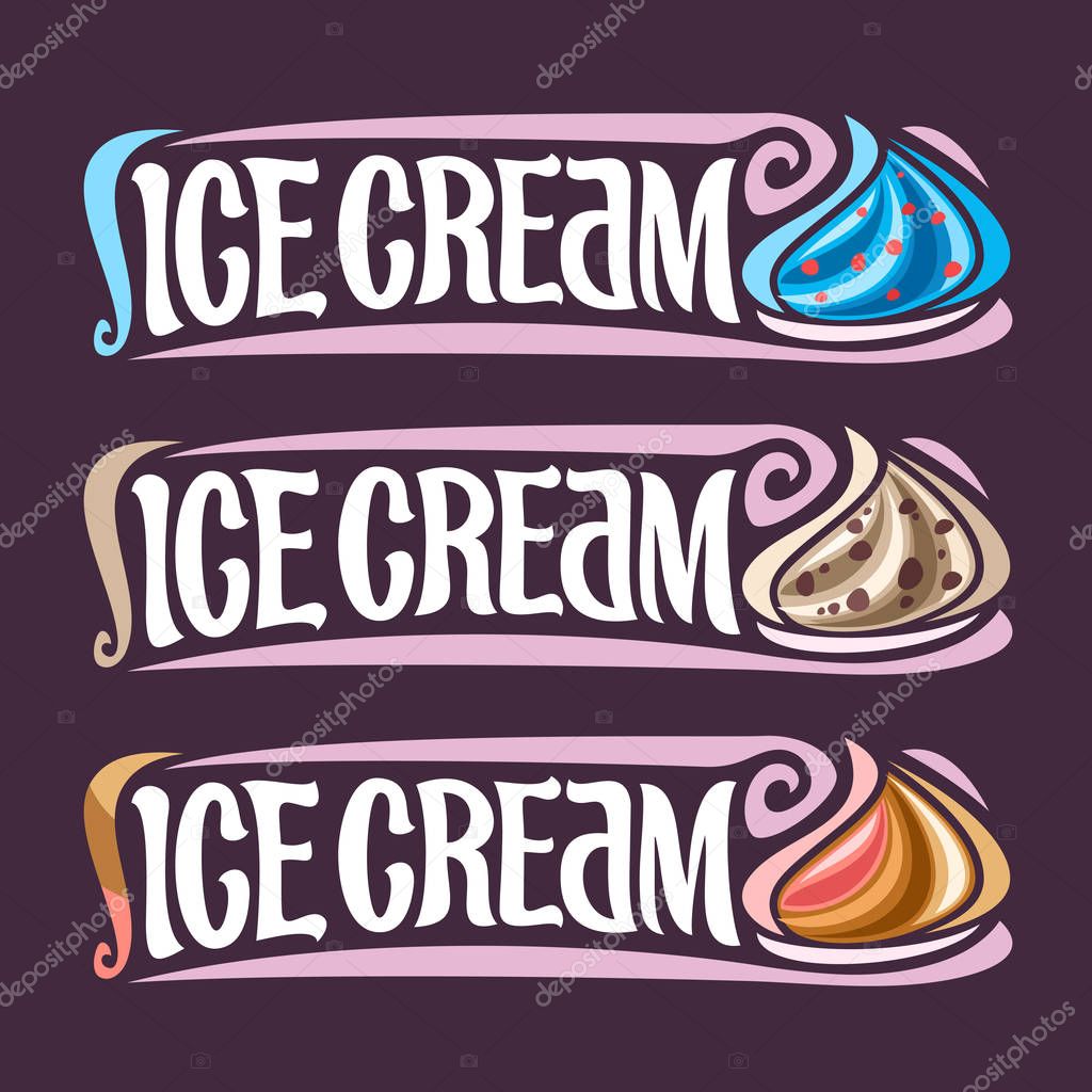 Vector set labels for Ice Cream: 3 colorful vintage stickers for blue bubble gum, peanut butter cup, neapolitan soft serve ice cream, lettering title text - ice cream for cold fresh whipped dessert.