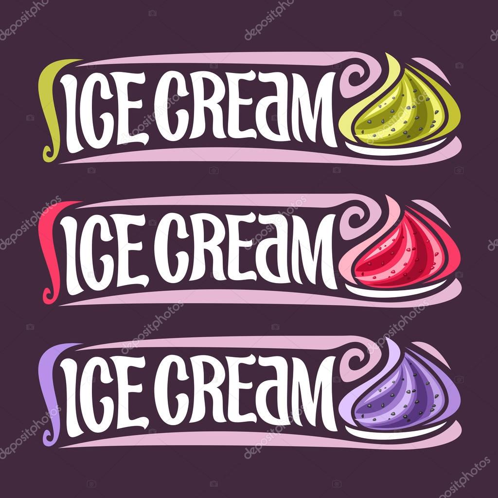 Vector set labels for fruit Ice Cream: 3 colorful vintage stickers for gooseberry, raspberry and blueberry dessert, lettering title - ice cream, for cold whipped creamy berry ice cream with chia seeds