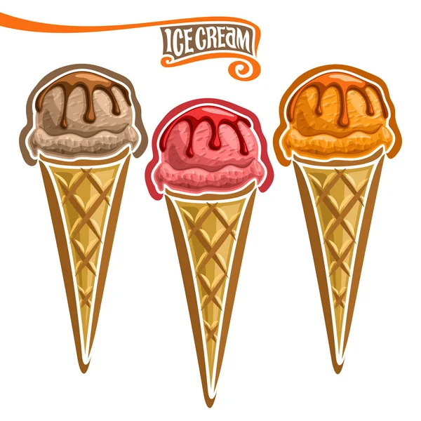 Ensemble vectoriel de crème glacée en cône de gaufre — Image vectorielle