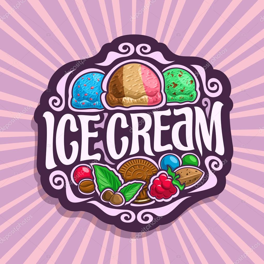 Vector logo for Ice Cream: 3 scoop balls of blue bubble gum ice cream, neapolitan sundae dessert, mint chocolate chip gelato icecream, in vintage sign lettering title - ice cream on pink background.