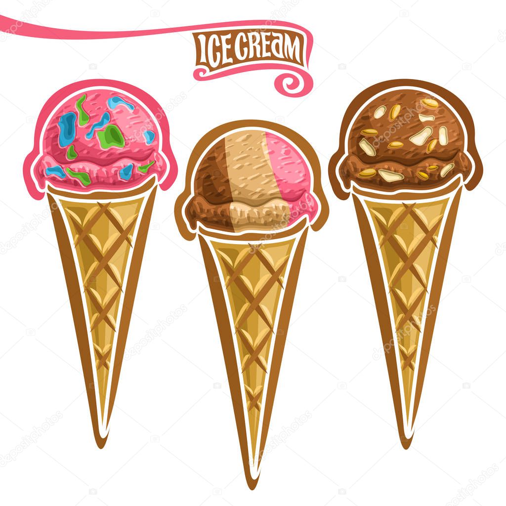 Vector set of Ice Cream in Waffle Cone: 3 wafer cones vibrant pink colors bubble gum ice cream, cold italian neapolitan gelato dessert, chocolate almond ice cream ball in waffle, rocky road with nuts.