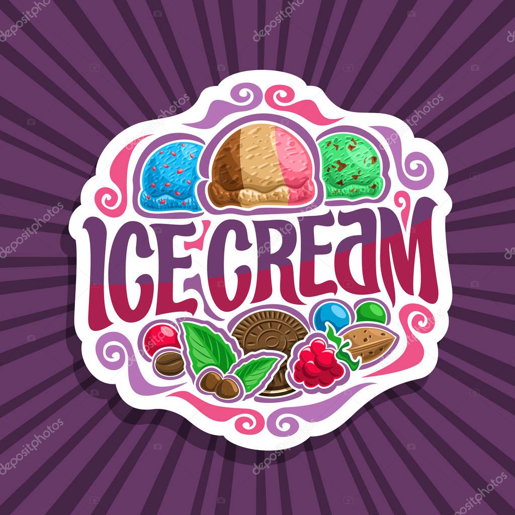 Vector logo for Ice Cream: 3 colorful scoop balls of blue bubble gum ice cream, neapolitan sundae dessert, mint chocolate chip gelato icecream, in sign lettering title - ice cream on purple background