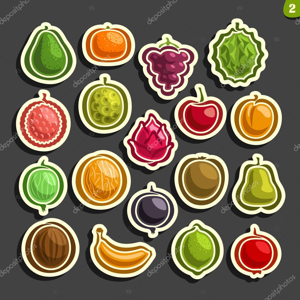 Vector Set icons of colorful Fruits and Berries: collection of exsotic fruit primitive logos isolated on black background, set of cartoon simple stickers for juice or candy, abstract fruits pictograms