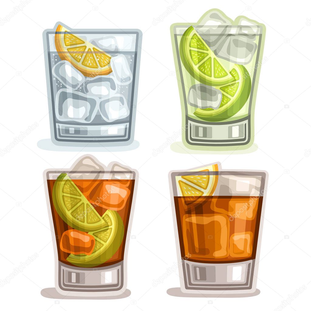 Vector set of short Drinks: 4 glasses with alcohol cocktail gin tonic, caipirinha or mojito drink, cuba libre, old fashioned or long island iced tea cocktails, whiskey with ice cubes, fizzy lemonade.