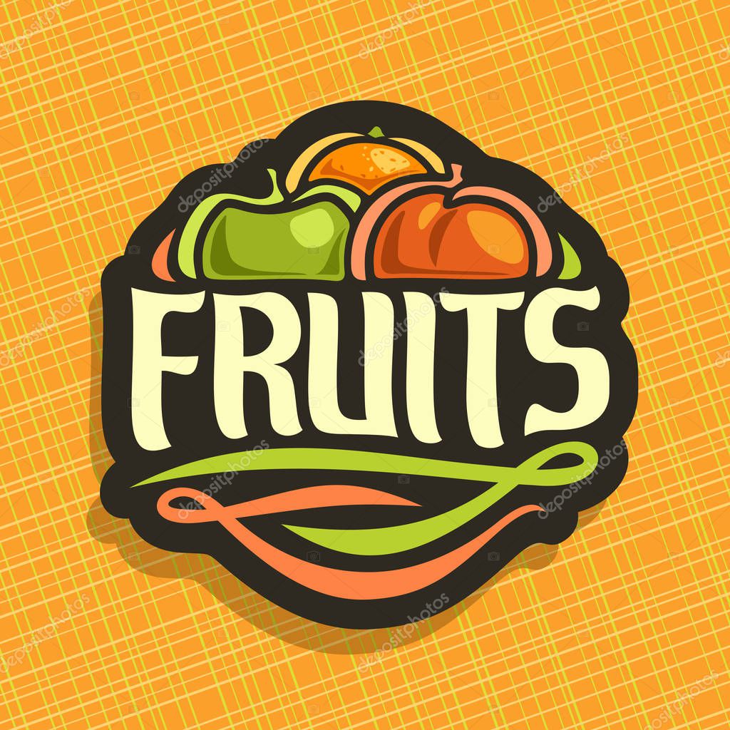 Vector logo for set fresh Fruits: juicy orange, green apple, sweet peach, decorative fruit mix label, sign with original typography font for text fruits on yellow geometric background for grocery shop.
