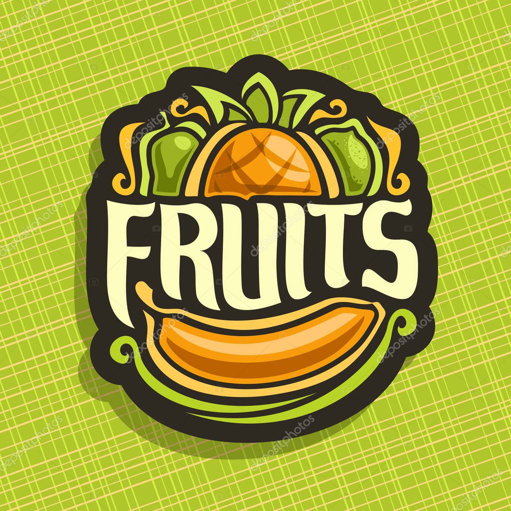 Vector logo for set fresh Fruits: green pear, pineapple, lime, sweet banana, fruit mix label, sign with original typography font for white text fruits on abstract geometric background for grocery shop