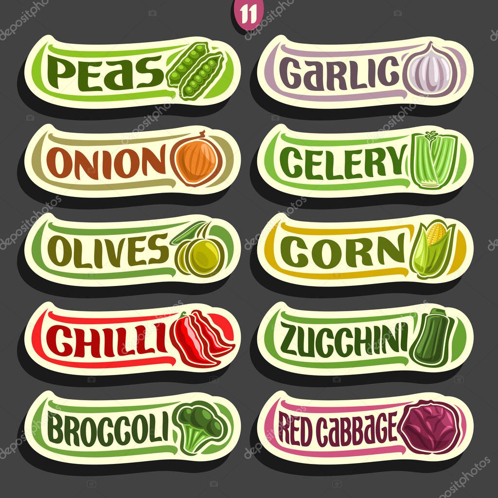Vector Set labels with text for fresh Vegetables: 10 minimal signs of organic vegetables on black, set of cartoon simple stickers for packing vegan nutrition with original font, tags for veg produce.