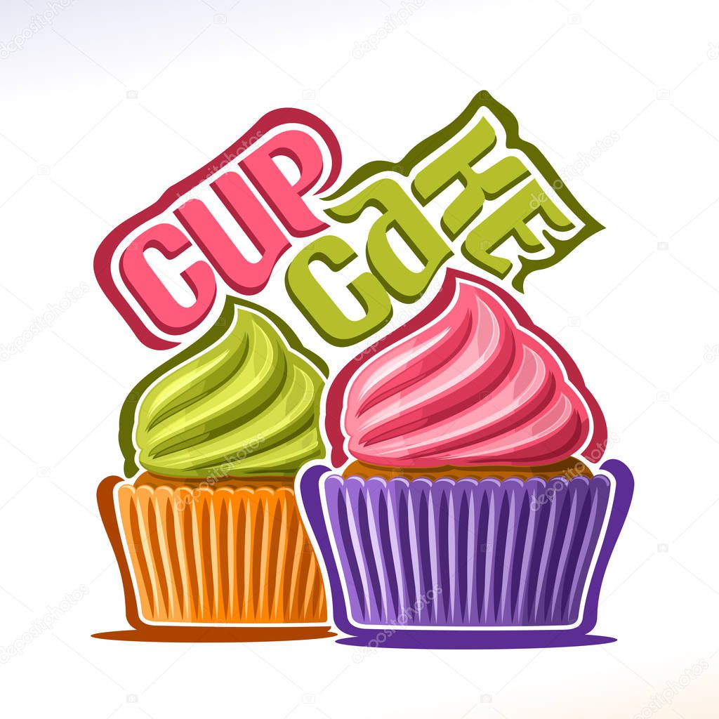 Vector logo for fruit Cupcake, original font for text - cupcake, 2 mini cakes in colorful case decorated frosting berry buttercream, delight cupcakes for wedding or birthday with swirl whipped cream.