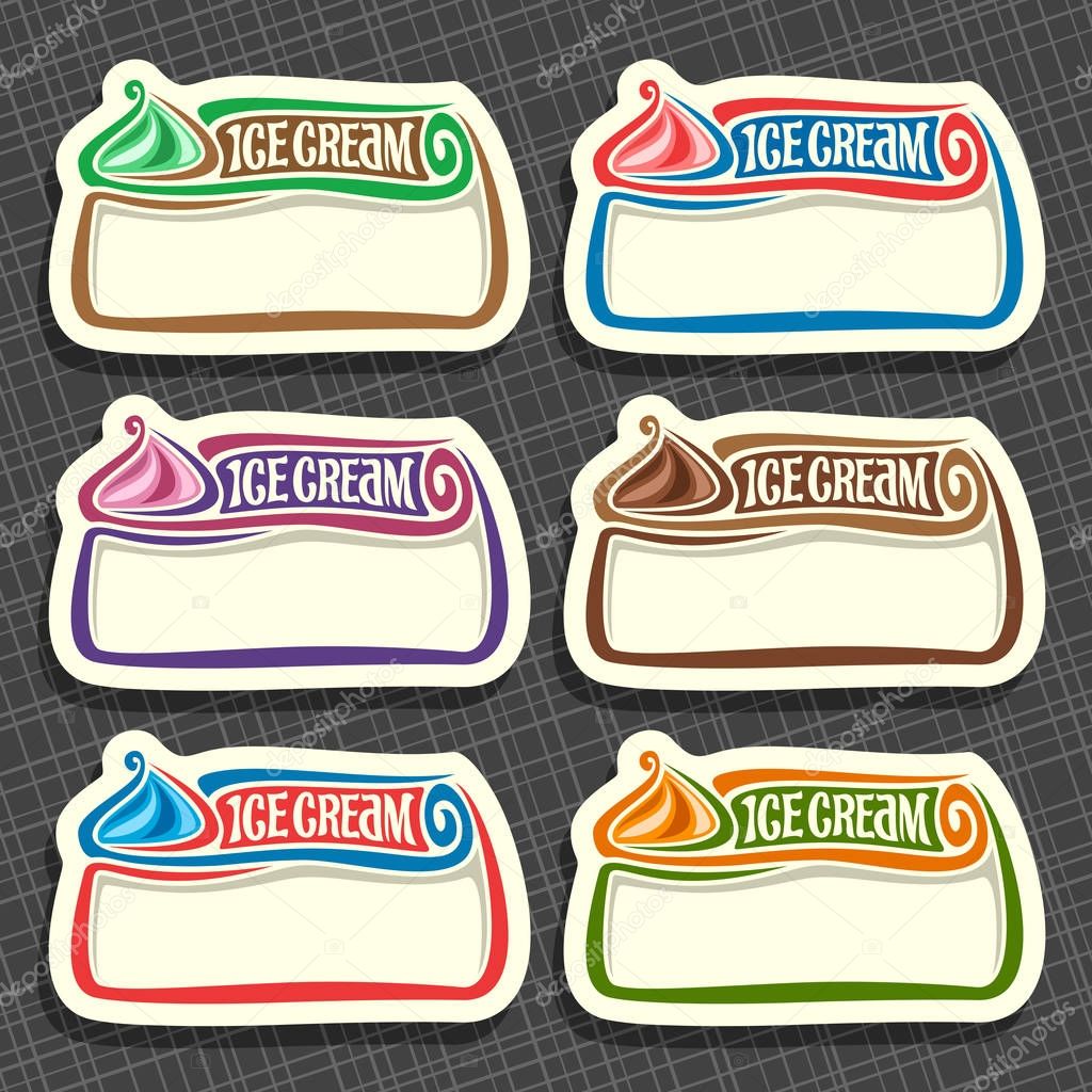 Vector set of Ice Cream Labels: 6 price tags with copy space for ice cream sale info, colorful vintage signs with lettering title - ice cream with white blank background, icons for cold italian gelato