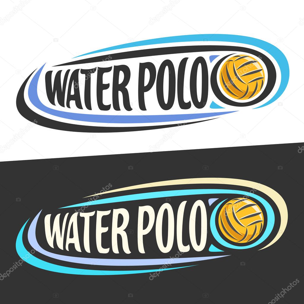 Vector logos for Water Polo sport, flying ball and handwritten words - water polo on black, curved lines around original typography for text - water polo on white background, sports drawn decoration.