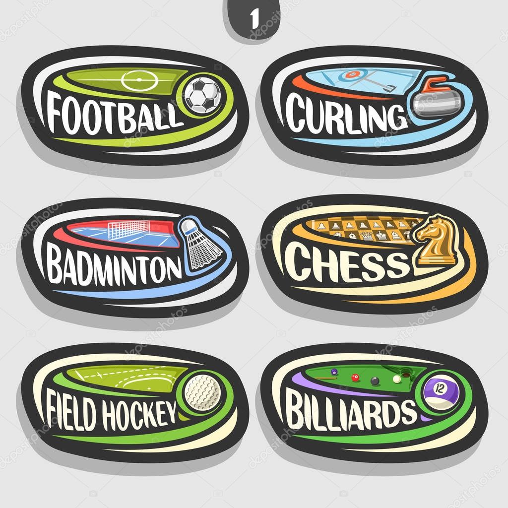 Vector set of sport logos, 6 oval simple badges with flying ball on curved trajectory, sports signs of minimal design with games equipment, original typography for words of different kind of sport.