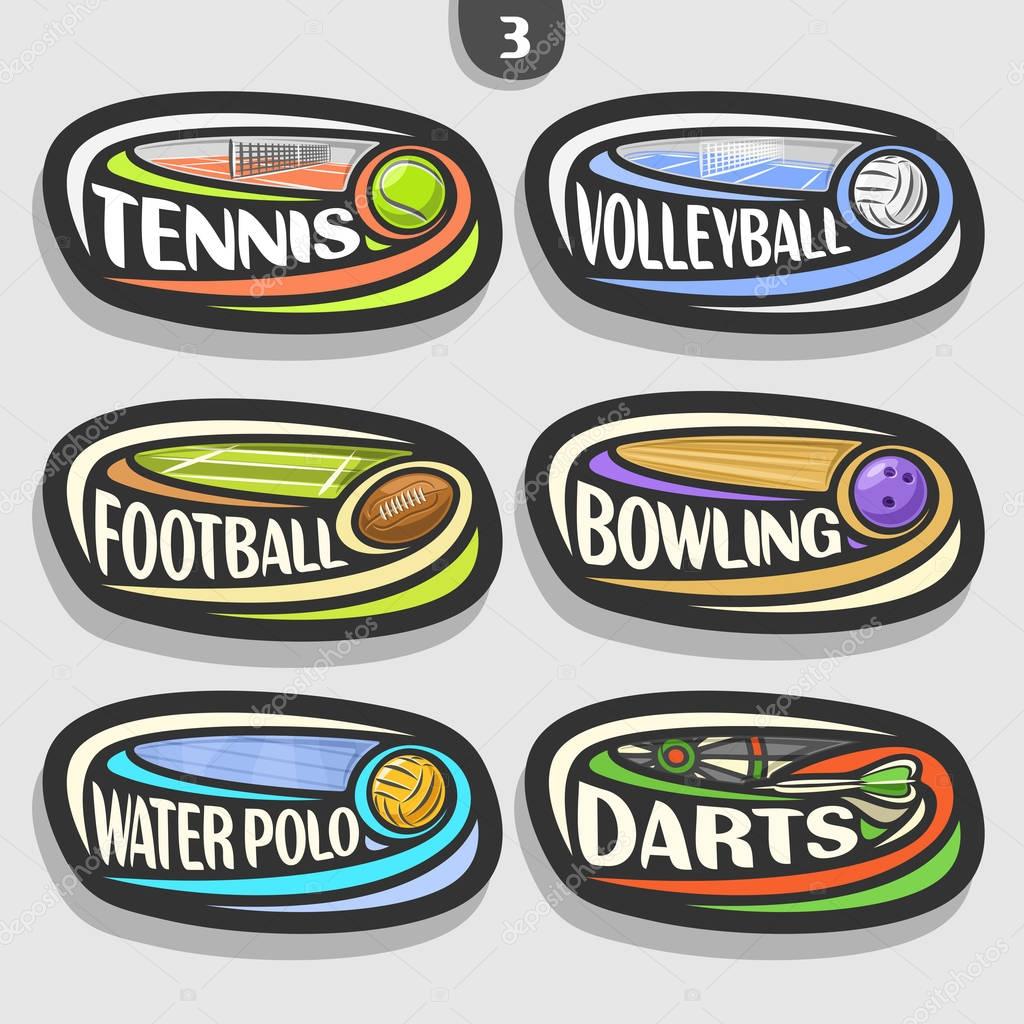 Vector set of sport logos, 6 oval simple badges with flying ball on curved trajectory, sports signs of minimal design with games equipment, original typography for words of different kind of sport.