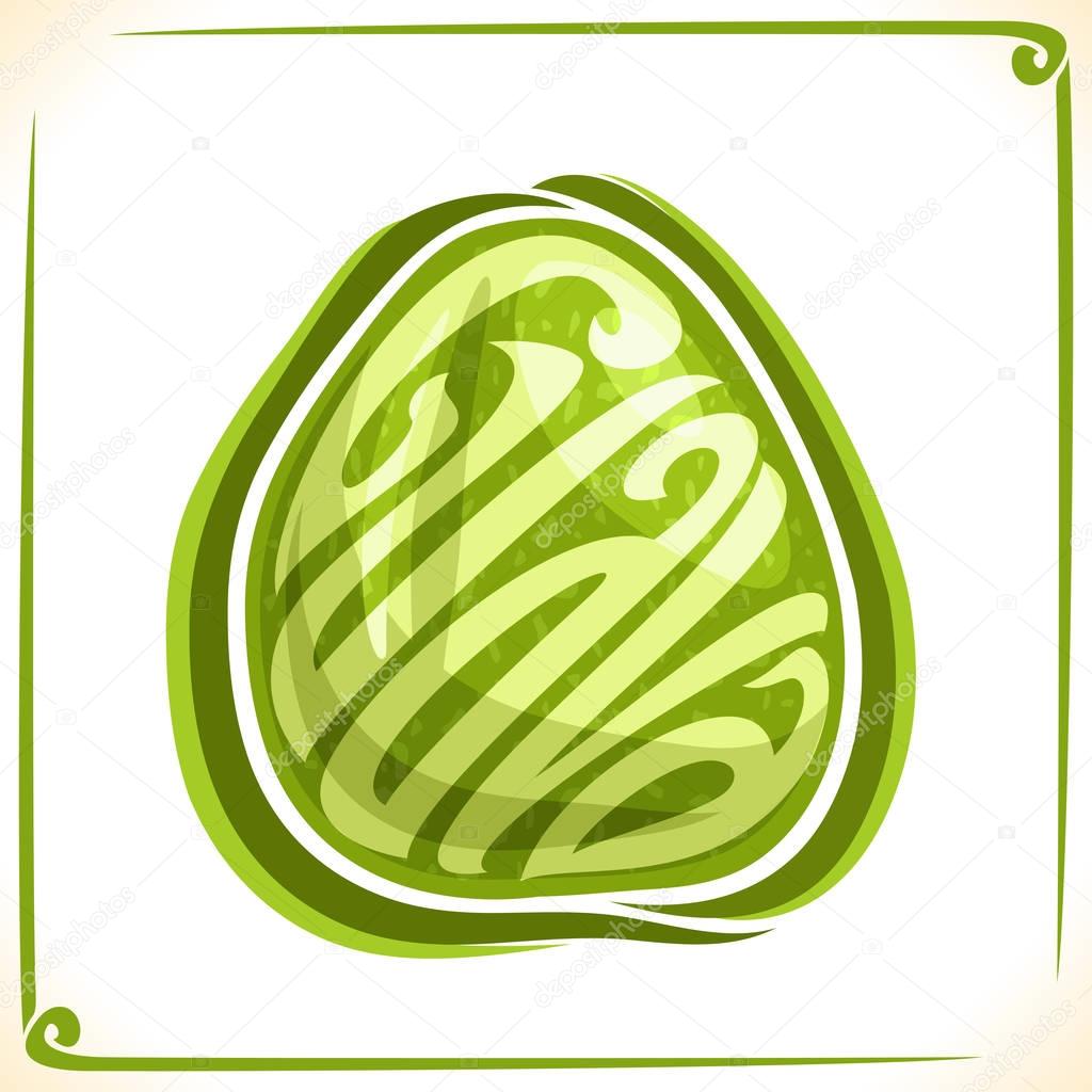 Vector logo for Guava, label with one whole fruit for package of fresh juice or tropical exotic dessert, price tag with original font for word guava inscribed in fruit shape, sticker for vegan store.