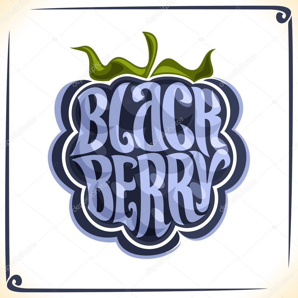 Vector logo for Blackberry, label with one whole berry for package of fresh juice or ice cream, price tag with original font for word blackberry inscribed in fruit shape, sticker for vegan store.