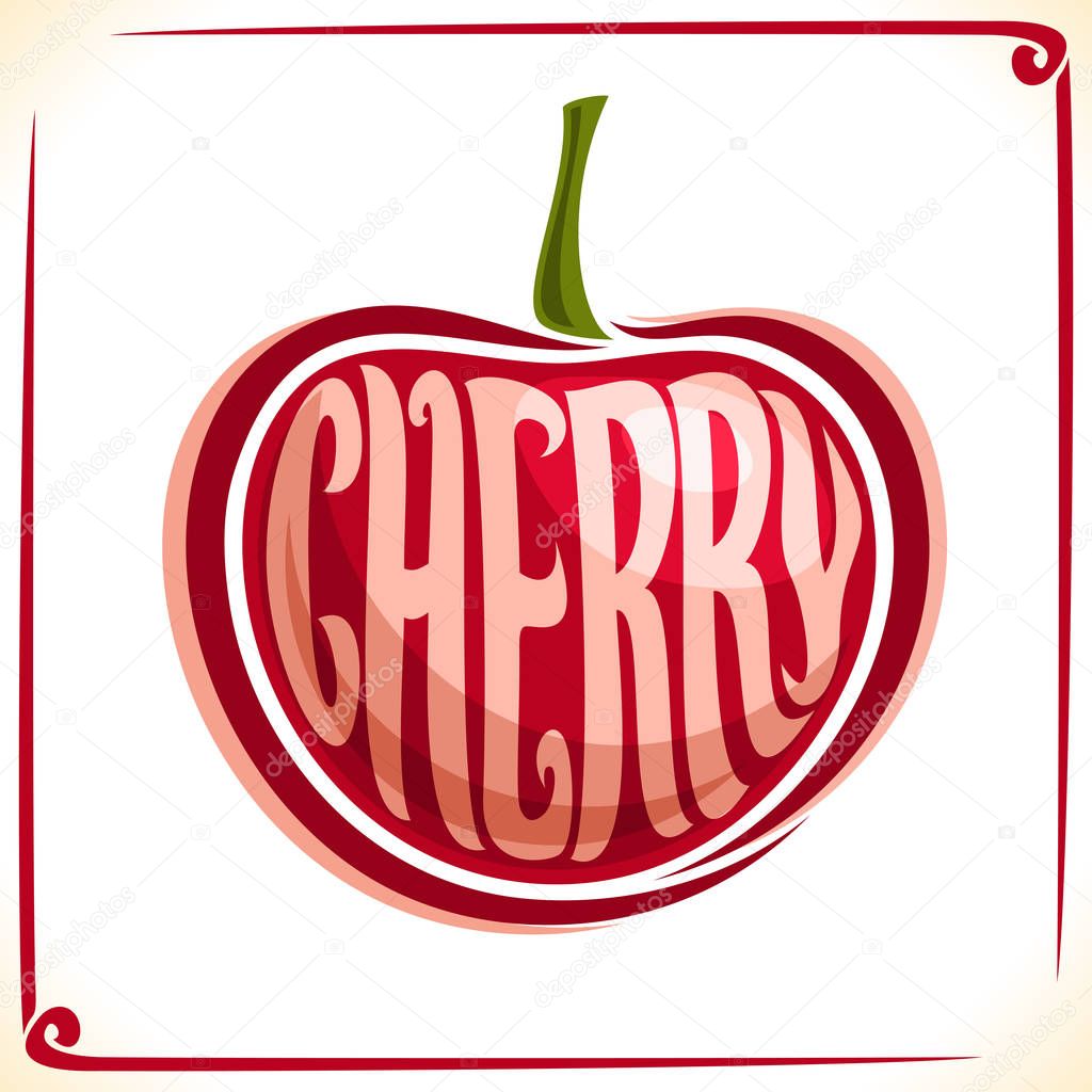 Vector logo for Cherry, label with one whole berry for package of fresh juice or ice cream, price tag with original font for word cherry inscribed in fruit shape, sticker for vegan grocery store.