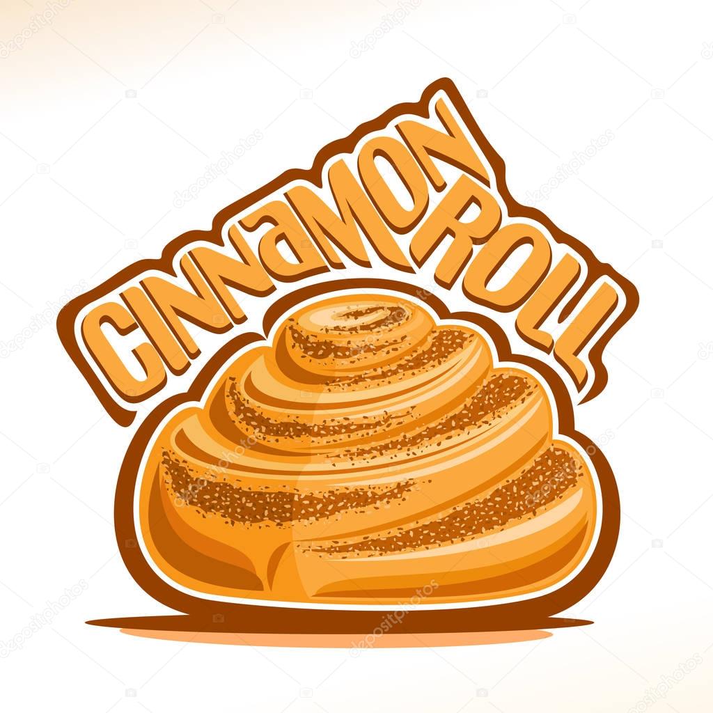 Vector logo for swedish Cinnamon Roll, illustration of sweet cinnabon for patisserie menu, poster with mini bun in shape of snail and original font for words cinnamon roll, fresh dessert kanelbullar.