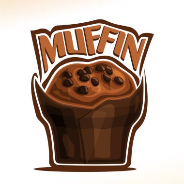 Cafe menü için kahverengi kağıt küçük kek çikolata ile resmi vektör logo için çikolatalı Muffin, word muffin, poster ile sabah kahvaltıda taze pişmiş mal için özgün yazı tipi fiş.