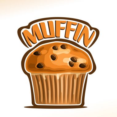 Sabah Kahvaltı, Cafe menü için çikolata parçaları ile küçük ev yapımı kek gösterimi için taze pişmiş mal ile geleneksel Muffin, word başlık muffin için özgün yazı tipi, poster için vektör logo.