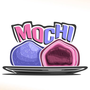 Vector logo for japanese dessert Mochi, illustration of asian confectionery for patisserie menu, poster with cut filling daifuku on plate and original font for word title mochi, oriental cuisine. clipart