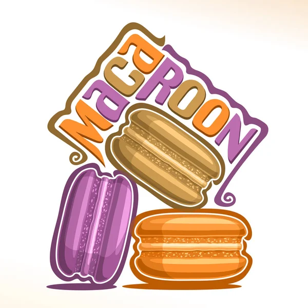 矢量标志为杏仁 插图的桩五颜六色的马卡龙为咖啡馆菜单 原始字体为词杏仁 海报与堆的新鲜紫色 巧克力和橙甜三明治 法式甜点 — 图库矢量图片