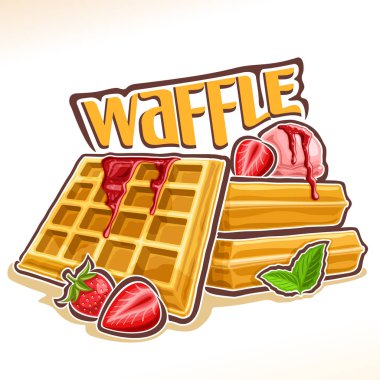 Belçika Waffle için vektör logo, çilek reçeli ve nane yaprağı, word gözleme, dondurma için Pastane menü ile yığın kare gofret gösterimi için özgün yazı tipi poster ev yapımı hamur işleri ile dekore edilmiş